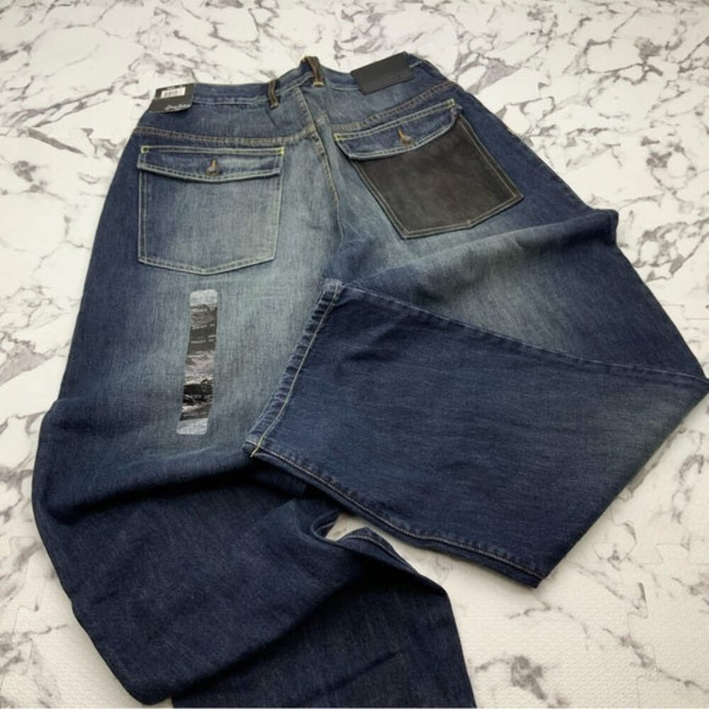 ◇DNSR◇ Back pocket dirty denim pants blue Men's Sean John Dirty Dark Blue | Black Suede Pocket Denim