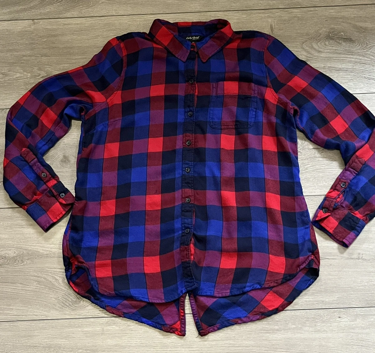 Lucky Brand Flannel Shirt Bungalow Plaid Red Blue Button Up Long Sleeve  Women M