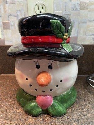 VINTAGE HEARTFELT KITCHEN CREATIONS 6.75  CERAMIC SNOWMAN HEAD COOKIE JAR XMAS