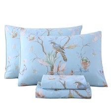 Egyptian Cotton Bed Sheet Set Blue Bird Botanical Pattern Bed Sheets Deep Poc...