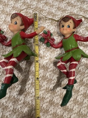 Pair Of Robert Stanley Elves With Poinsettias Resin Ornaments Christmas