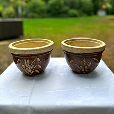 2x Brown & Beige Ceramic Plant Pots/Planters Round Small 12cm Drainage Holes