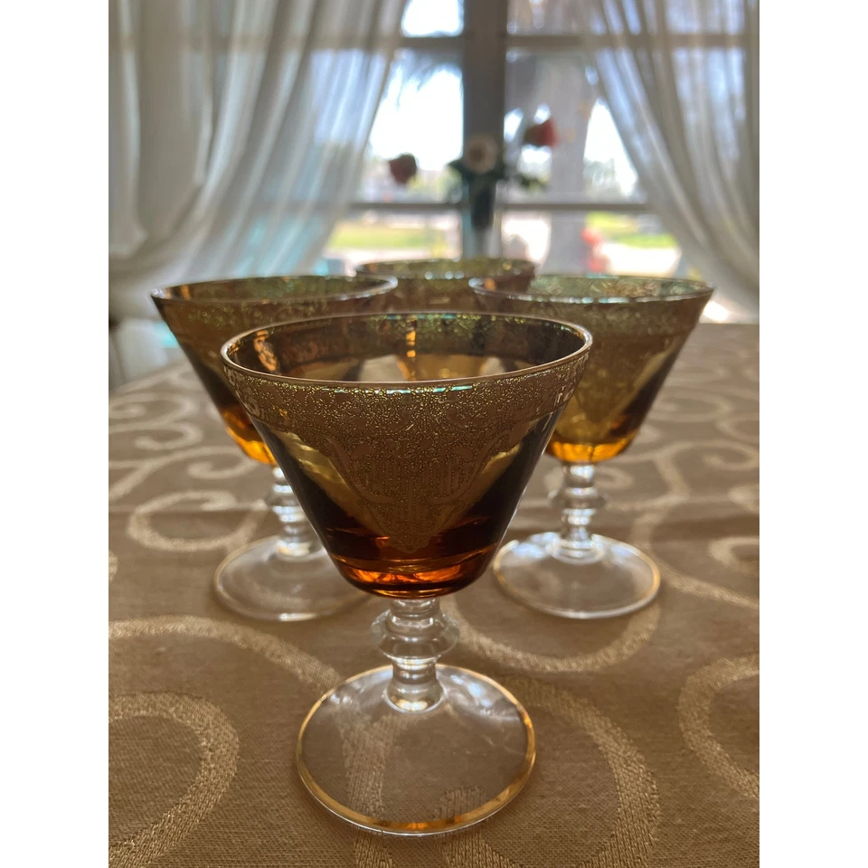 Juego de jarra italiana de jerez de vidrio soplado de Murano ámbar con superposición de oro pesado Foto 3 de 4