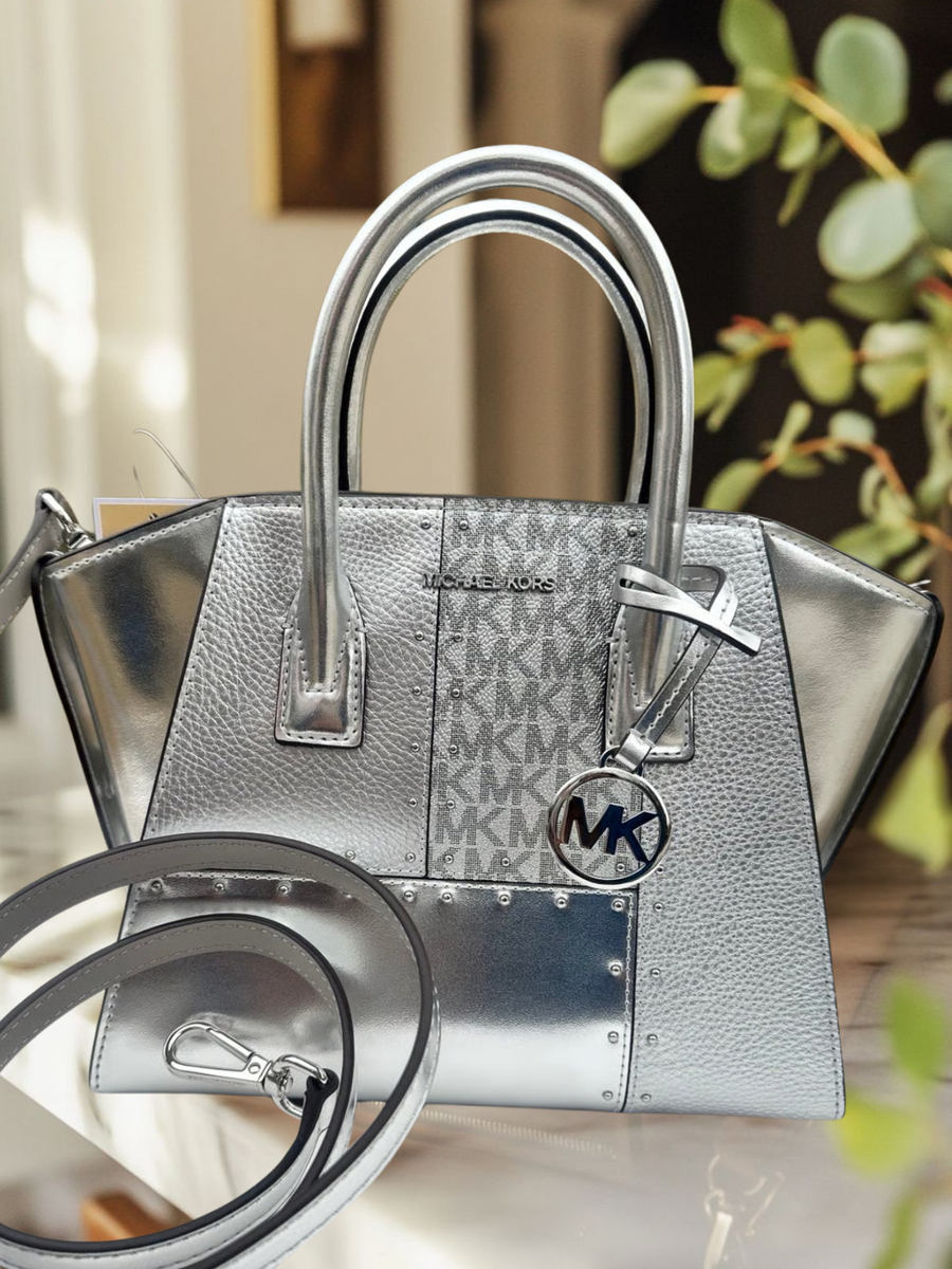 美品 MICHAEL KORS スタッズワンピ 黒 S シルバー Michael Kors Avril Small Metallic Studded Patchwork Logo Satchel