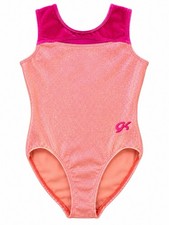 GK Elite Gymnastics Leotard Child Medium CM Pink Coral Velvet Foil Sparkle