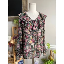 Vintage 90s Dark Floral Sheer Ruffle Neck Regency Blouse Size Medium
