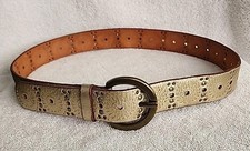 Fossil Metallic Gold Leather Belt Medium M Boho Studded Floral Cutout 38 Inch