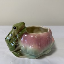 Vintage Frog on Lilypad Planter Lotus Flower Toad Ceramic 1940s Green Pink MCM