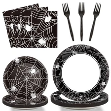 96 Pcs Halloween Party Paper Plates Napkins Supplies Set Spider Web Clear 