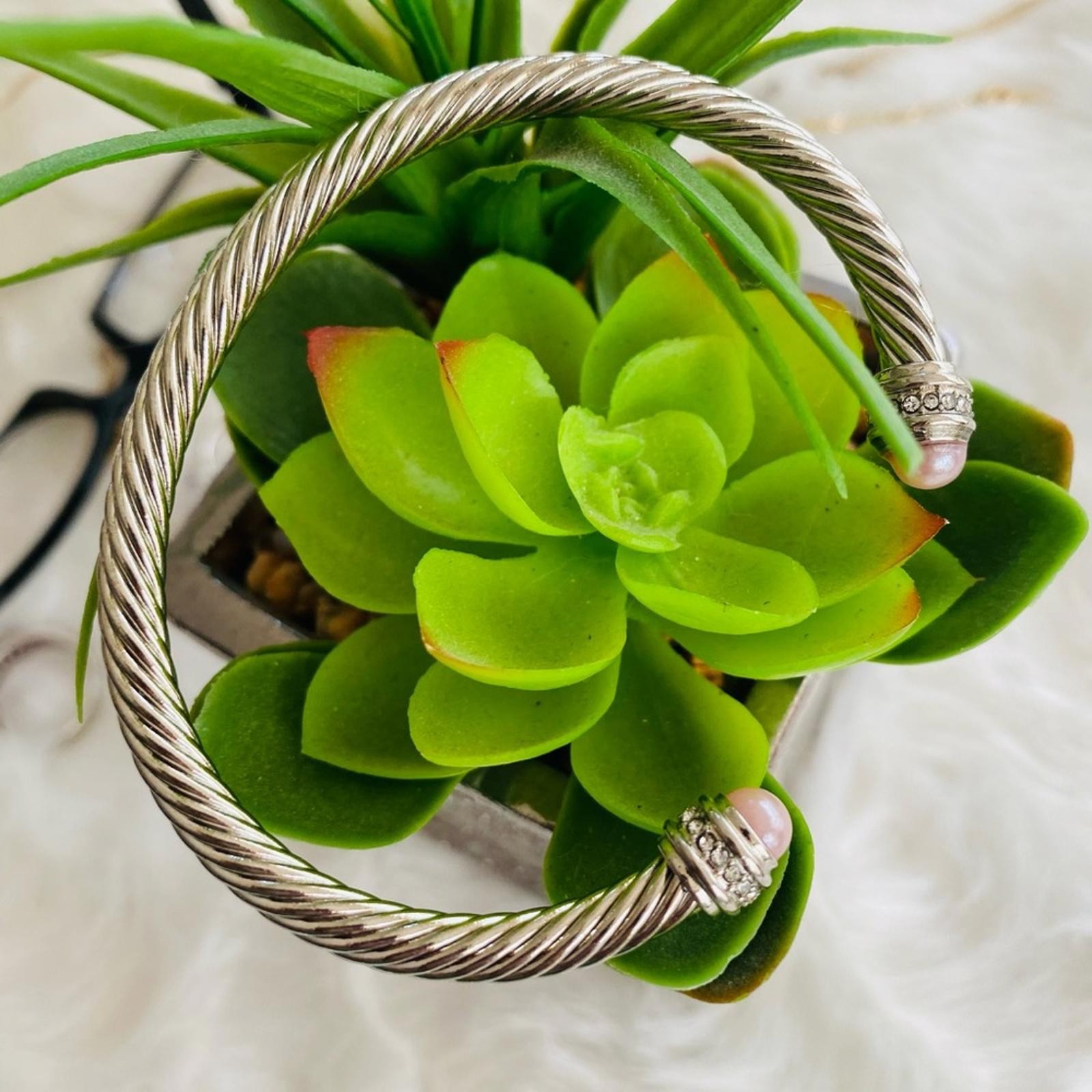 Silver-Tone Twisted Cable Open Cuff Bracelet with… - image 2