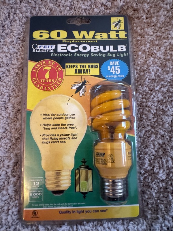 ECOBULB 60W Yellow Bug Light Replacement Bulb Standard Base Keep Bugs Away New