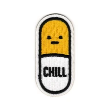 Chill Pill Embroidered Iron On Patch – Funny Mood Patch with Aloof Face