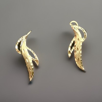 14k Solid Yellow Gold Spiral Drop Crawler  Diamond-cut Earrings 1g, 2cm