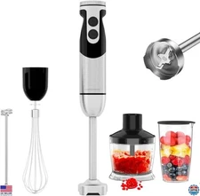 12-Speed Stainless Steel Hand Blender, 5-in-1 Immersion Mixer with Beaker &