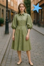 Harshman Muriel Matcha Green Cotton Shirt Fit Flare Midi Dress  NWT $229 M L 10