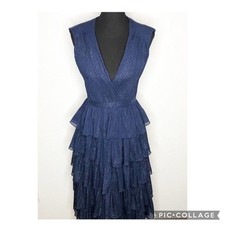 IEENA for Mac Duggal navy metallic tiered ruffle sleeveless midi formal dress 4