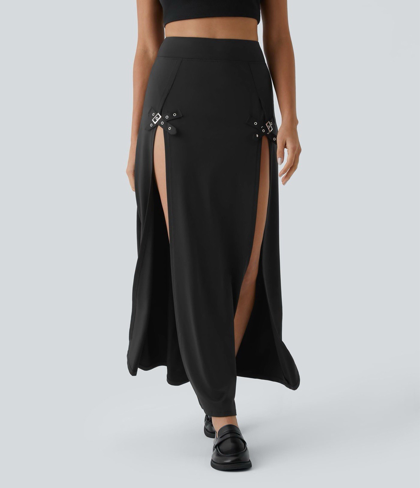 Halara High Waisted Decorative Buckle Split 2-in-1 Maxi Casual Skirt Sz L Black