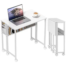 Small Folding Desk, Rolling Computer Desk Foldable with Storage Bag and Shelf...