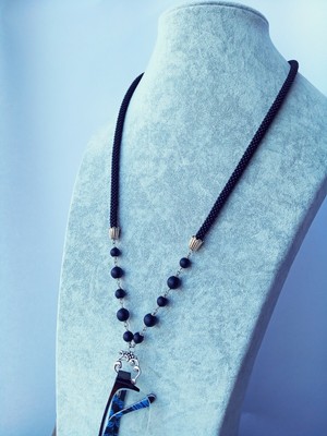 Glasses necklace Handmade Black bead crochet chain for glasses with agate 30 in