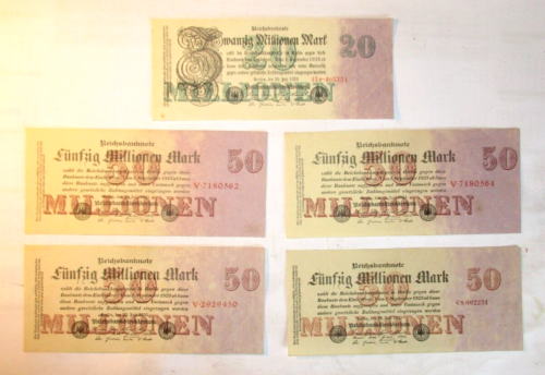 Banknoten Deutsches Reich 1923 - 5 Stück a Reichsmark  20 Mio (1) + 50 Mio (4) - Bild 1 von 1