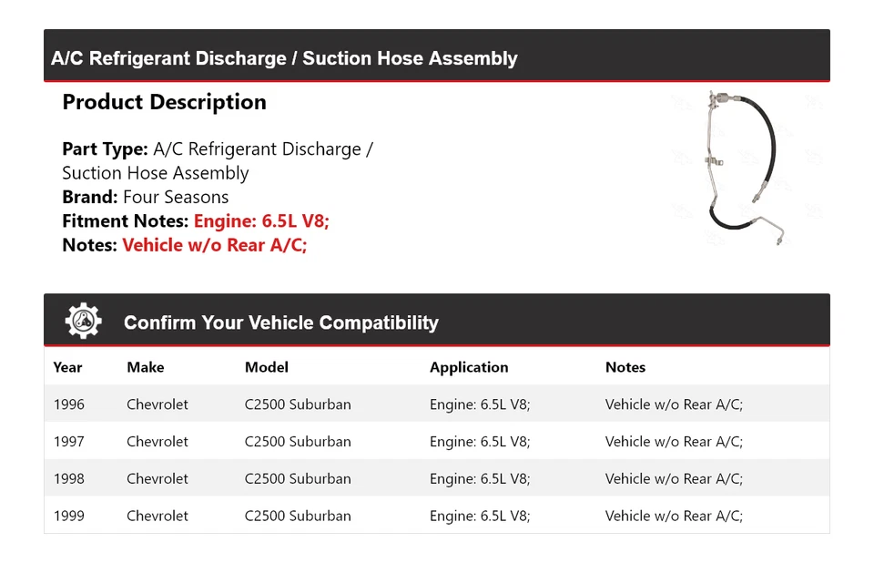 Conjunto de manguera de línea de descarga/succión para Chevrolet C2500 Suburban 1996-99 4 estaciones Foto 2 de 4