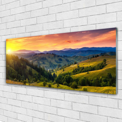 Tulup Wandbilder Glasbilder Dekobild 125x50 Sonne Gebirge Wald Wiese Natur