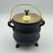 Vtg Cast Iron Fire Starter Smudge Pot Cauldron w/ Brass Lid & Cast Stir Stick