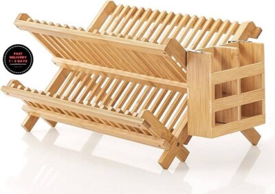Escurridor de platos plegable de bambú de 2 niveles, escurridor de platos.neuvo.