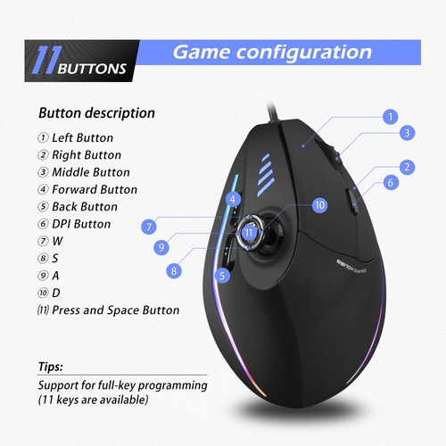 Vertical Wired Gaming Mouse 11 Programmable Buttons Adjustable 10000DPI G3P8 - Picture 6 of 11