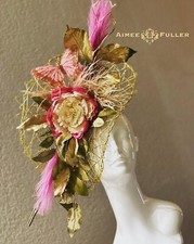 Aimee Fuller Kentucky Derby Hat Big Breeders Cup Fascinator Gold Pink White Hat