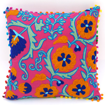 16x16'' Uzbek Suzani Embroidered Cushion Cover Handmade Pom-Pom Style Pillow Case