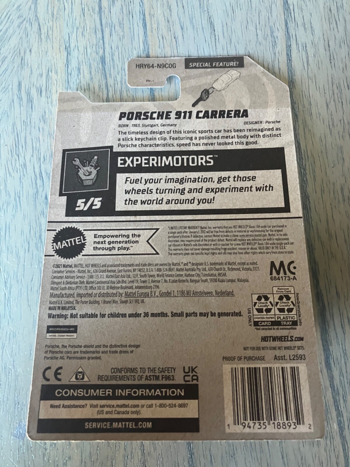 Porte-clés Hot Wheels Experimotors 2024 – Porsche 911 Carrera #134 A97 – Diecast Argent