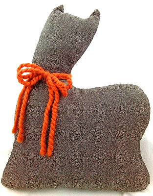 Cat Sitting Stuffed Pillow Black Gray Tan Vintage Fabric Rust Orange Bow Collar 