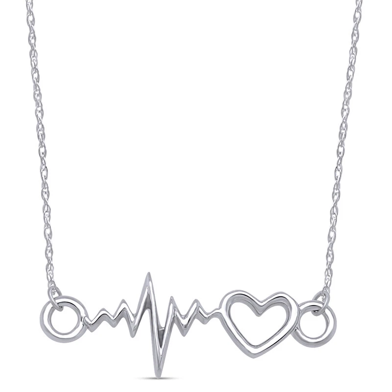 Lifeline Pulse Heartbeat Pendant Necklace White Gold Plated 925