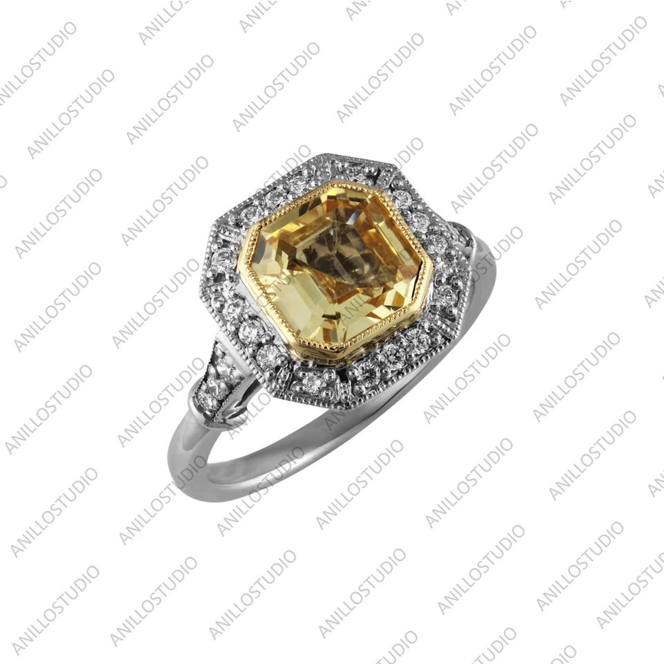 Anillo de compromiso de plata de ley 925 con halo de diamantes y zafiros amarillos corte Asscher Foto 2 de 4