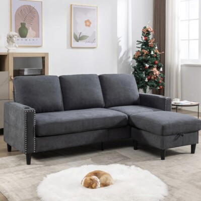 L Shaped Couch 3 Seat Sofas With Storage Chaise & 2 Cup Holders, 