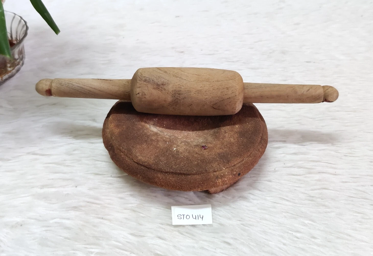 Antique Indian Roti Board Red Stone & Wood Rolling Pin Baking Tool Set STO414