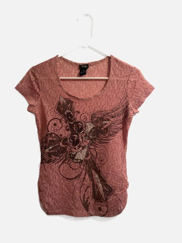 Camisa de verano Vanity Western de encaje transparente con cruz y brillos para mujer vaquera mediana Foto 3 de 4