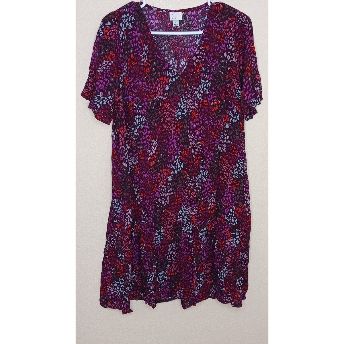 A New Day Dress Womens Small Red Multi Floral Short Sleeve Ruffle Hem  Pockets