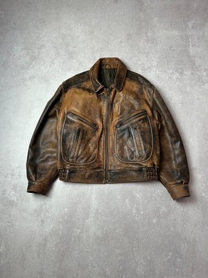 Vintage HUGO BOSS Leather Bomber Jacket Brown Distressed Aviator