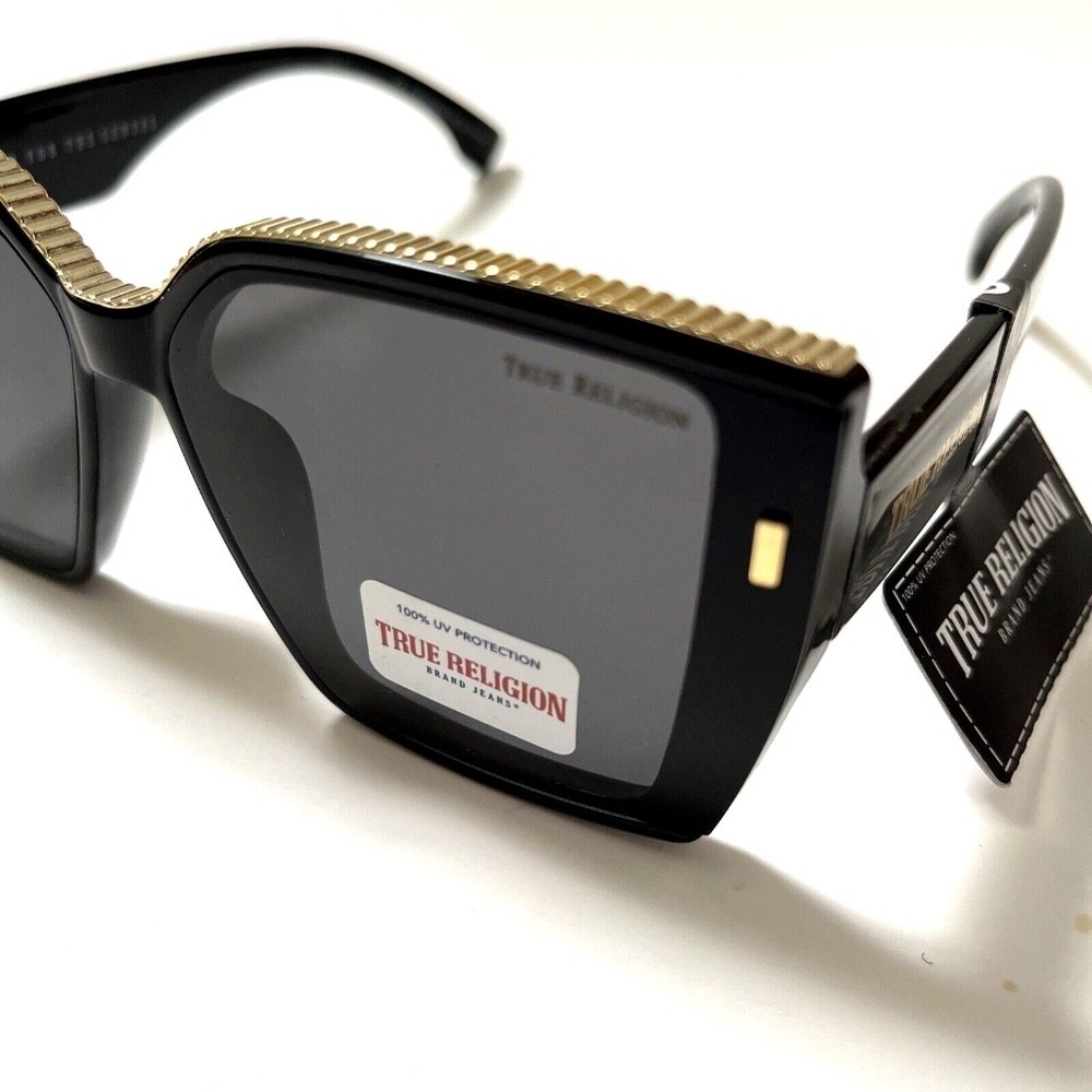 New TRUE RELIGION Square Sunglasses Oversized Black Gold Trim