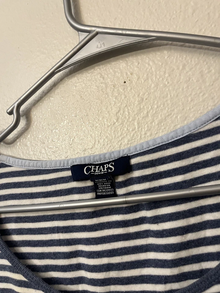 Camiseta Henley a Rayas Azul Chaps Denim Mujer Manga Corta Talla M Y2K Preppy Foto 3 de 4