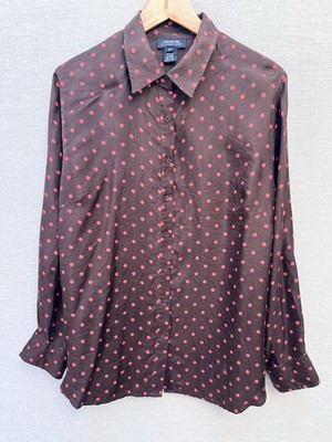 Jones new york signature 2XL Blouse Silk Brown With Pink Polka-dot Button Up VTG