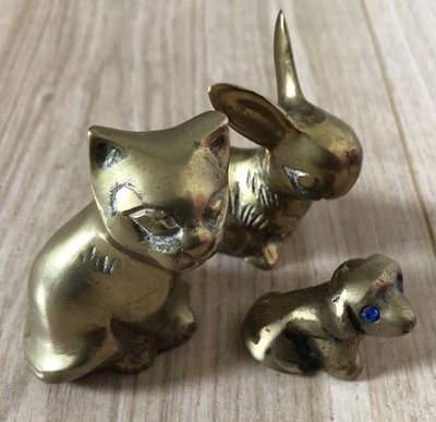 3 x Vintage Messing Tier Ornamente / Briefbeschwerer - Hase Katze & Hund