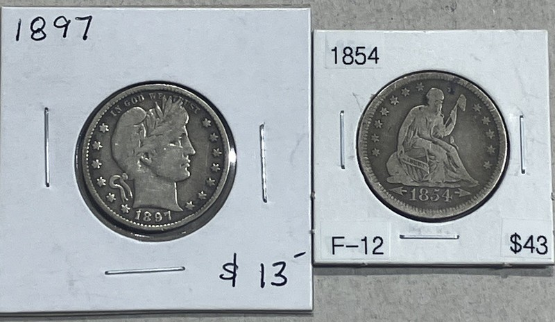 US 90% Silver Coin Lot - 1897 Barber Quarter & 1854 Seated Liberty Quarter