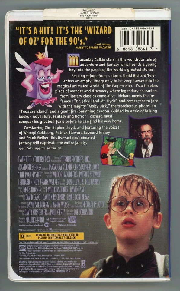 The Pagemaster, Movie, VHS, Preowned, Macaulay Culkin, 1995, Clamshell, Tested Foto 3 de 4