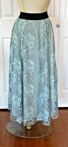 LULAROE LUCY Skirt Maxi Mint Blue Green Lace Overlay Black Elastic Waistband XS