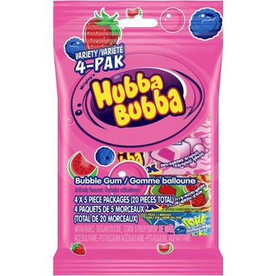 4-Pack Wrigley's Hubba Bubba Mixed Fruit Flavoured Bubble Gum Variety Pack, 5 Pi