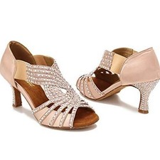 Ballroom Dance Shoes, 9.5 Beige Satin, Rhinestones, 1.5" Heel, Latin Salsa Tango