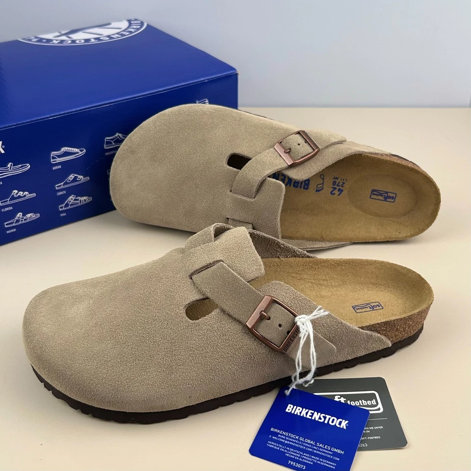 Zapatos para hombre Birkenstock Boston de gamuza topo de cuero plantilla suave zueco Foto 2 de 4